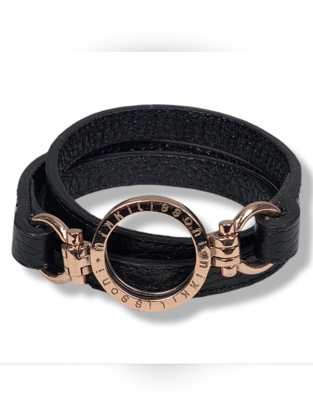 NIKKI LISSONI BLACK LEATHER WRAP BRACELET – ROSE GOLD‑PLATED RING – SIZE XS/S
